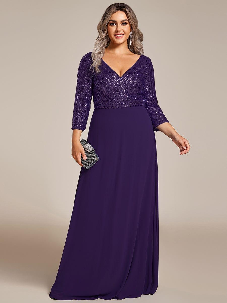 Plus Size Sexy V Neck A-Line Sequin Evening Dress with Sleeve #color_Dark Purple