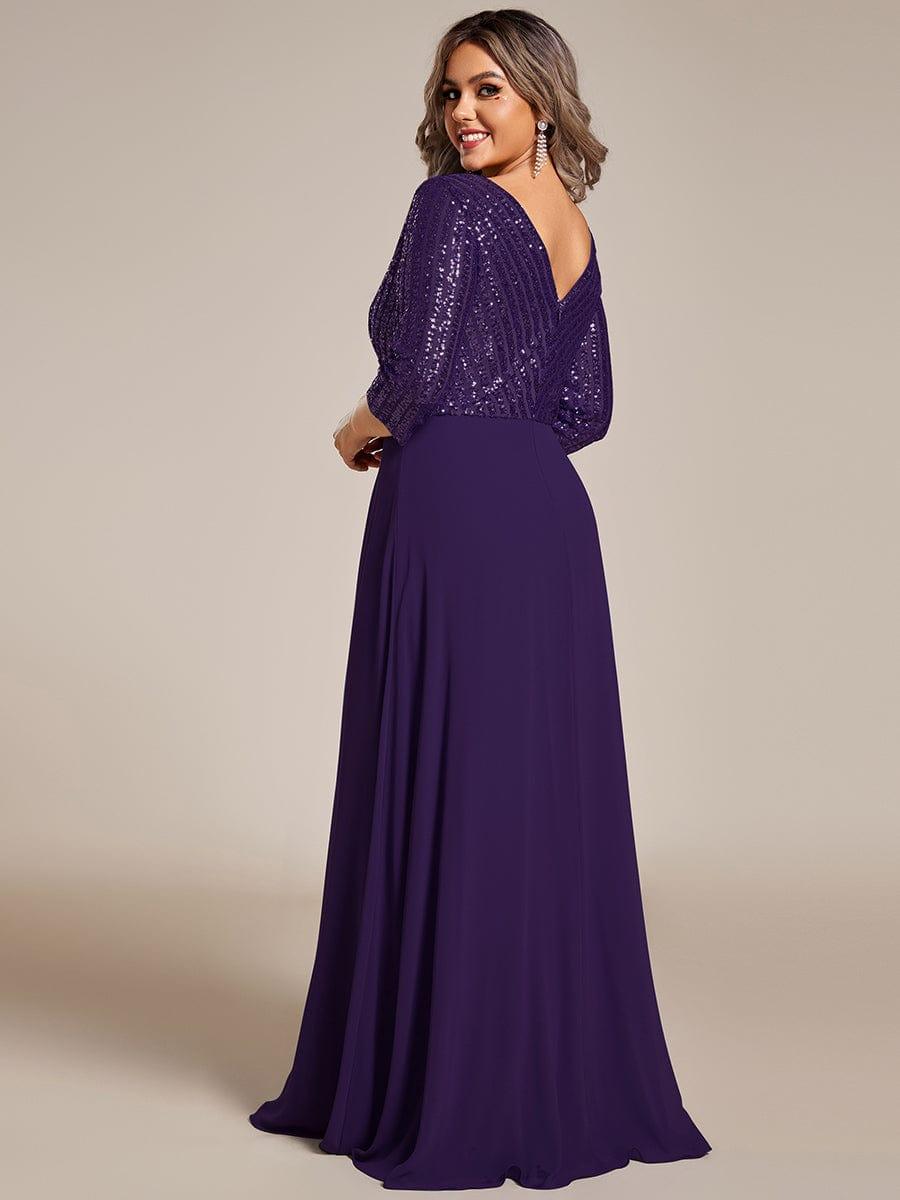 Sexy V Neck A-Line Sequin Evening Dresses with 3/4 Sleeve #color_Dark Purple