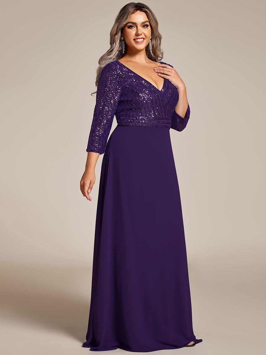 Plus Size Sexy V Neck A-Line Sequin Evening Dress with Sleeve #color_Dark Purple