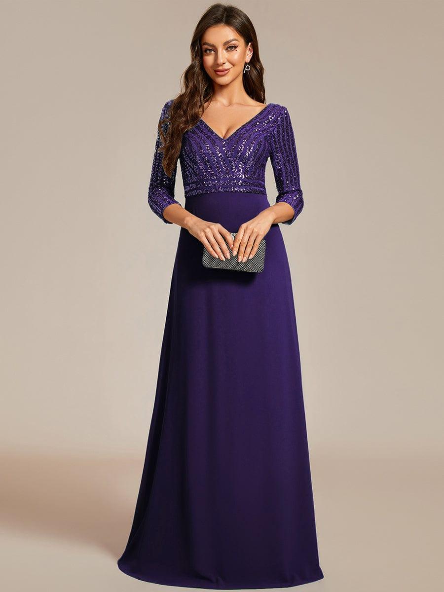 Sexy V Neck A-Line Sequin Evening Dresses with 3/4 Sleeve #color_Dark Purple