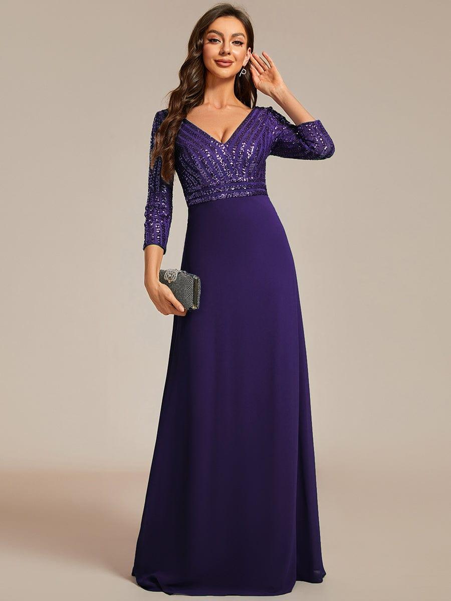 Sexy V Neck A-Line Sequin Evening Dresses with 3/4 Sleeve #color_Dark Purple