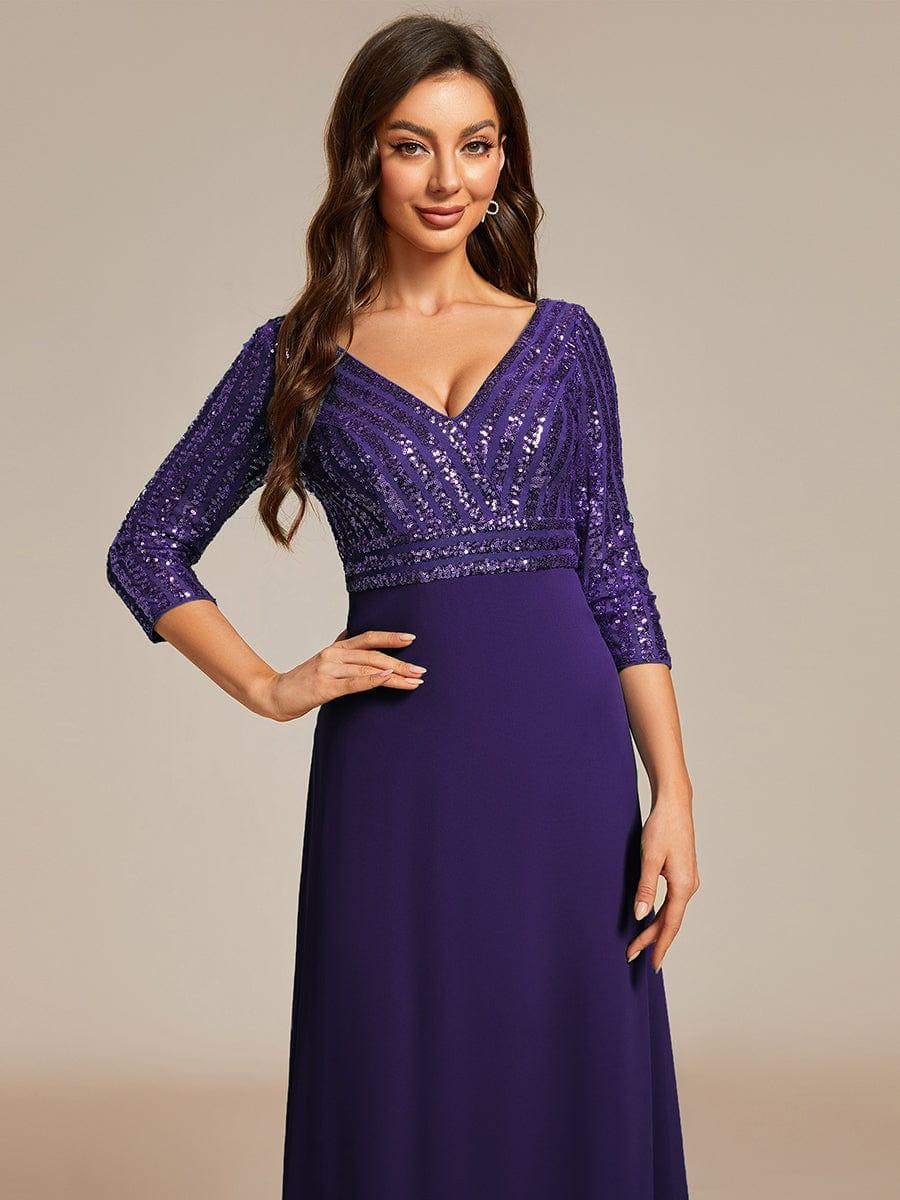Sexy V Neck A-Line Sequin Evening Dresses with 3/4 Sleeve #color_Dark Purple