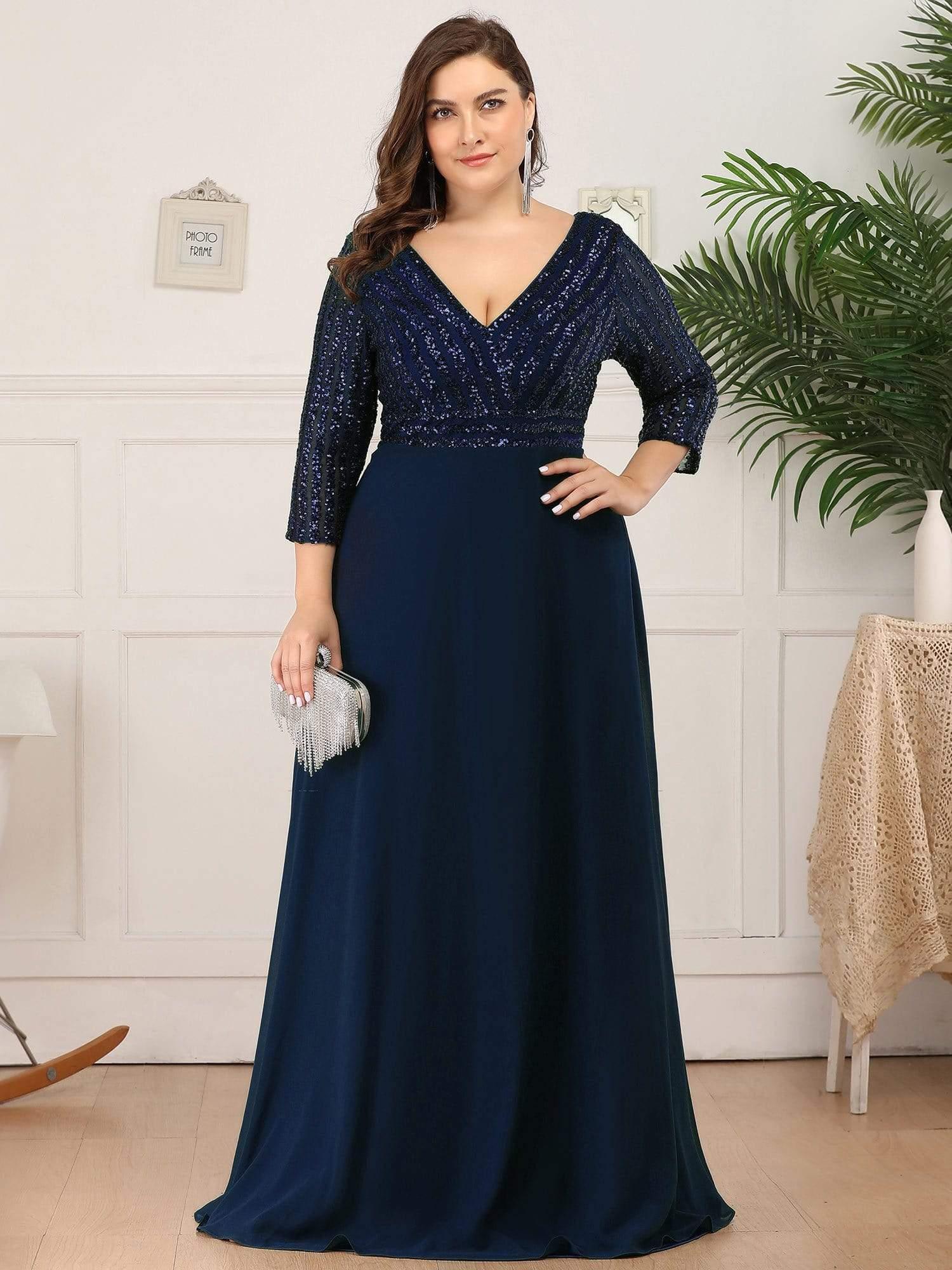 Sexy V Neck A-Line Sequin Evening Dresses with 3/4 Sleeve #color_Navy Blue