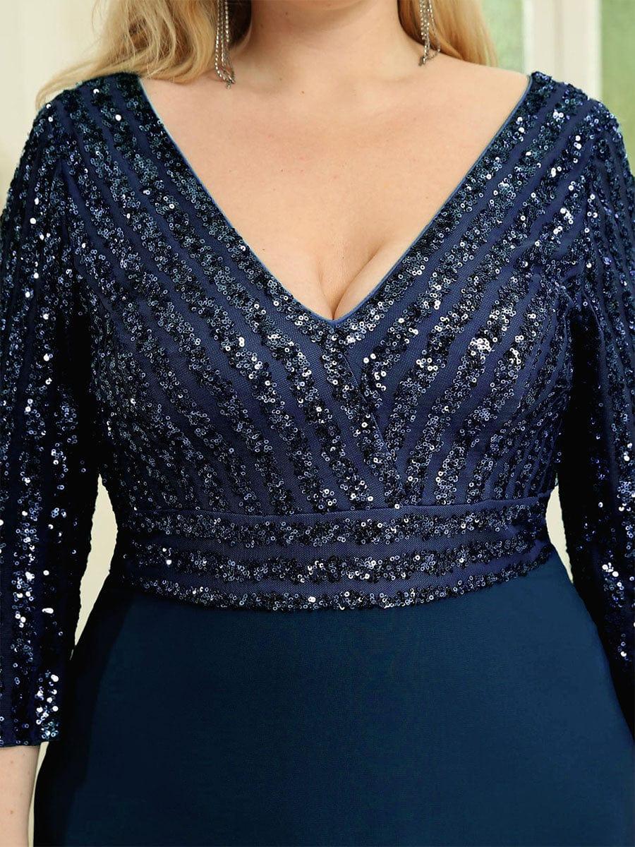 Plus Size Sexy V Neck A-Line Sequin Evening Dress with Sleeve #color_Navy Blue