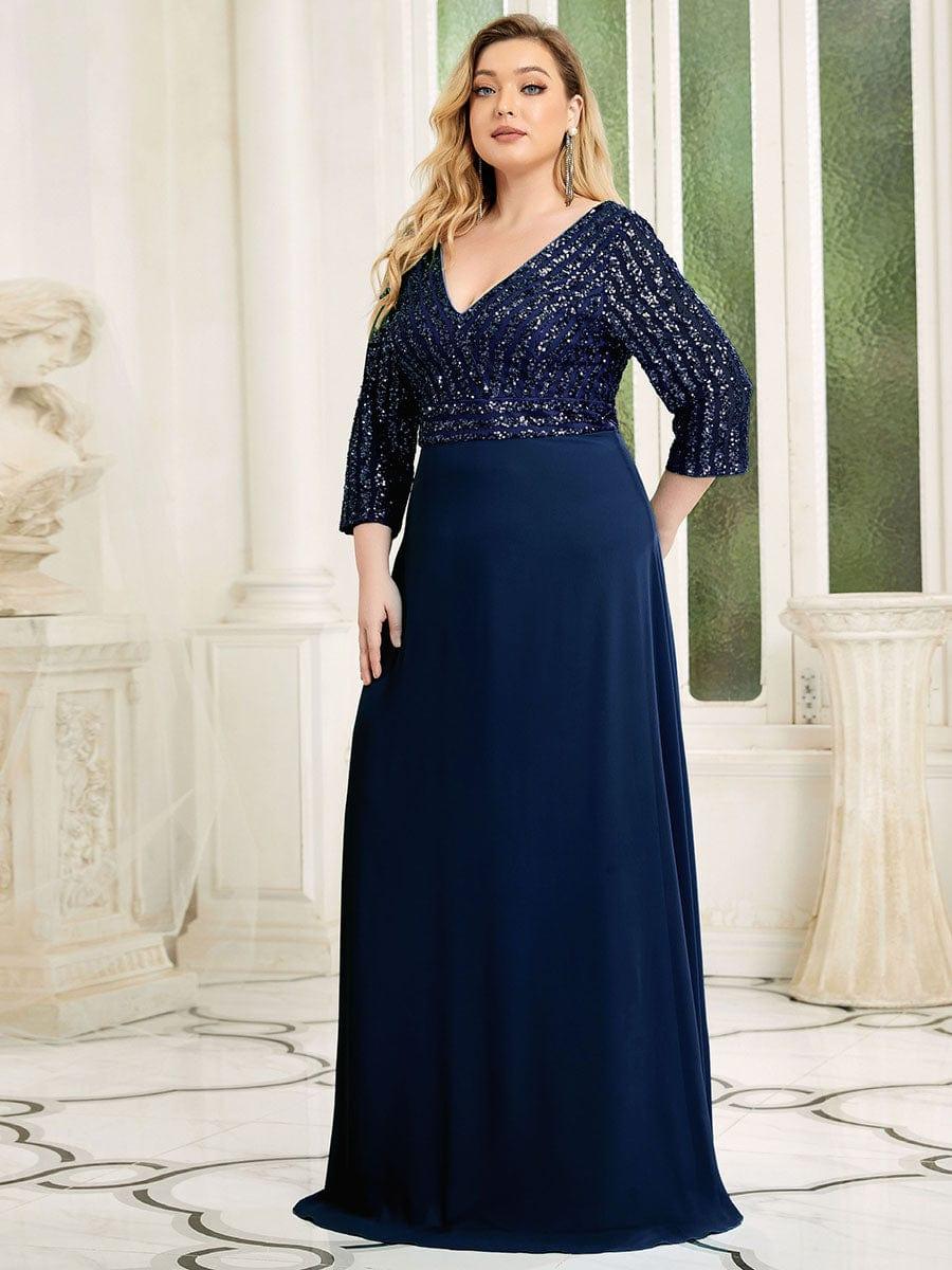 Plus Size Sexy V Neck A-Line Sequin Evening Dress with Sleeve #color_Navy Blue