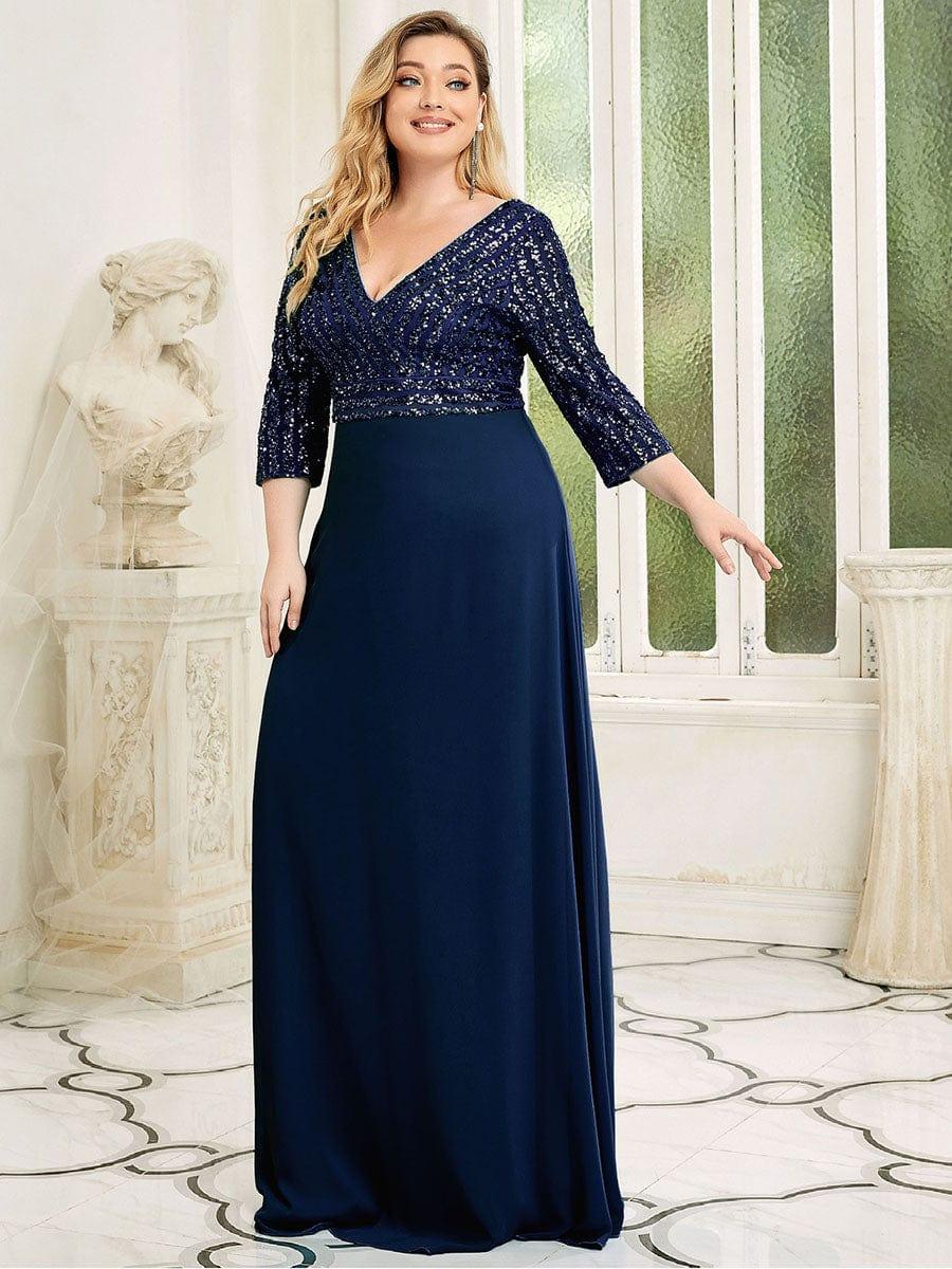 Plus Size Sexy V Neck A-Line Sequin Evening Dress with Sleeve #color_Navy Blue
