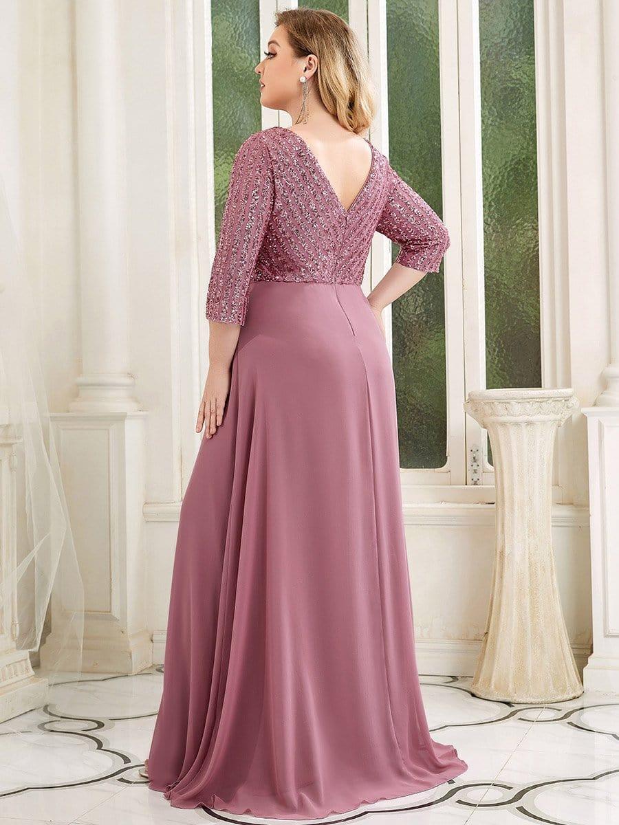 Sexy V Neck A-Line Sequin Evening Dresses with 3/4 Sleeve #color_Purple Orchid