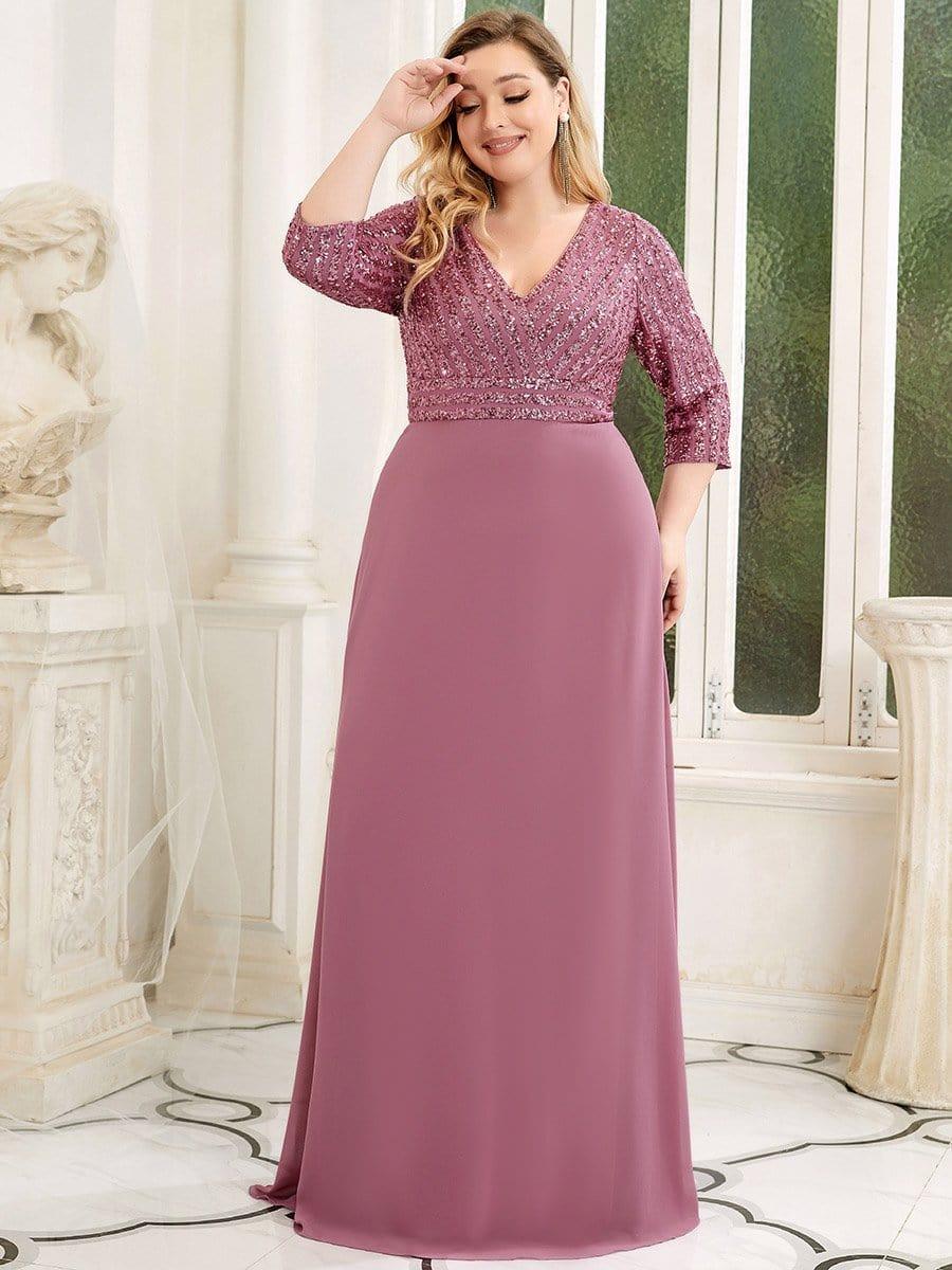 Plus Size Sexy V Neck A-Line Sequin Evening Dress with Sleeve #color_Purple Orchid