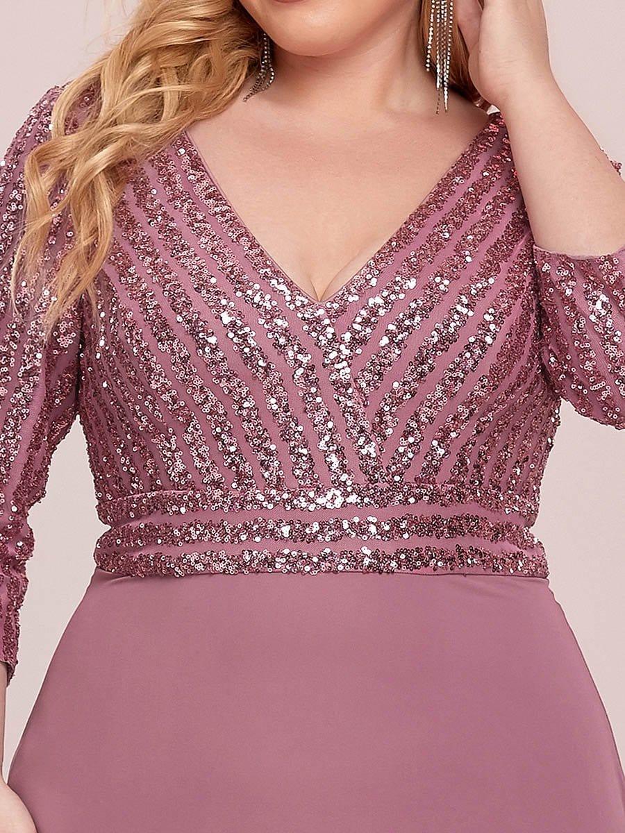 Plus Size Sexy V Neck A-Line Sequin Evening Dress with Sleeve #color_Purple Orchid