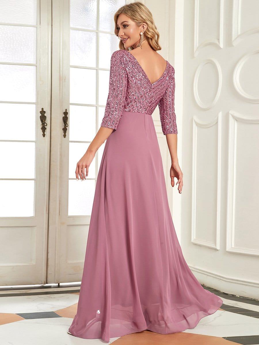 Sexy V Neck A-Line Sequin Evening Dresses with 3/4 Sleeve #color_Purple Orchid