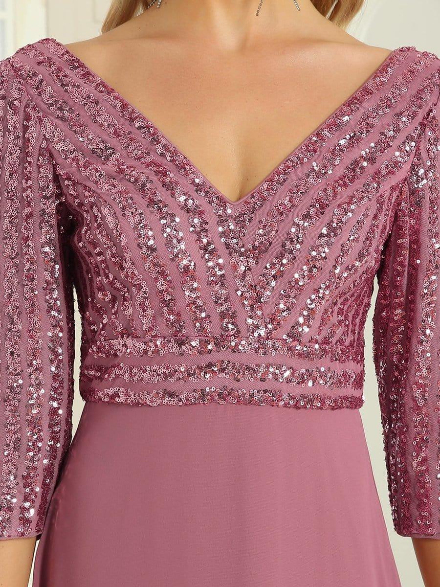 Sexy V Neck A-Line Sequin Evening Dresses with 3/4 Sleeve #color_Purple Orchid