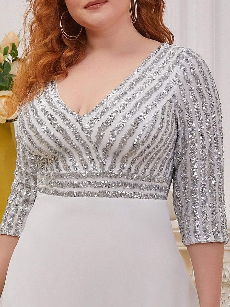 Plus Size Sexy V Neck A-Line Sequin Evening Dress with Sleeve #color_White