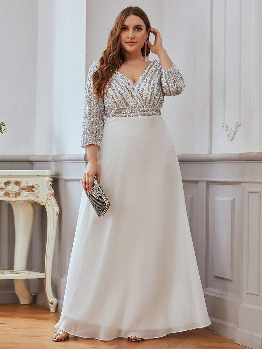 Sexy V Neck A-Line Sequin Evening Dresses with 3/4 Sleeve #color_White