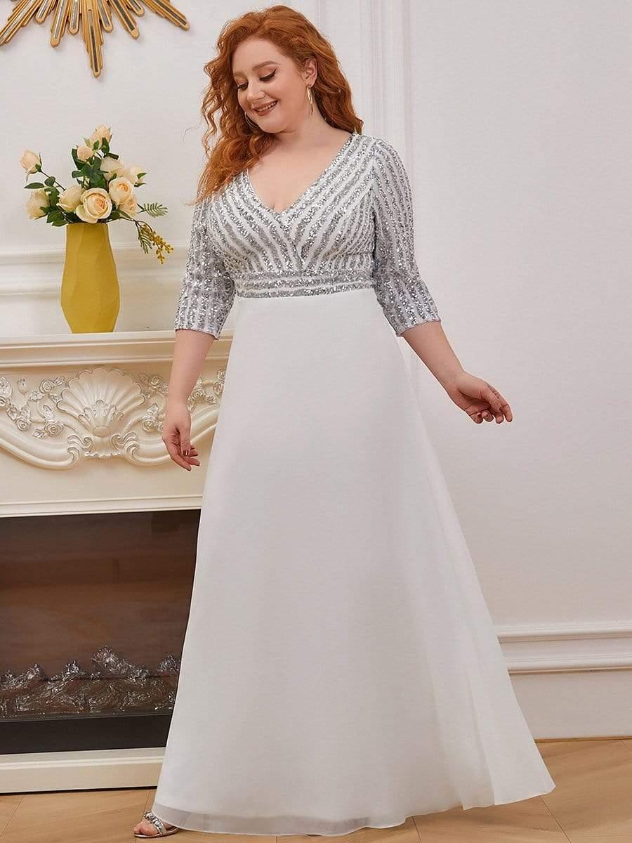 Plus Size Sexy V Neck A-Line Sequin Evening Dress with Sleeve #color_White