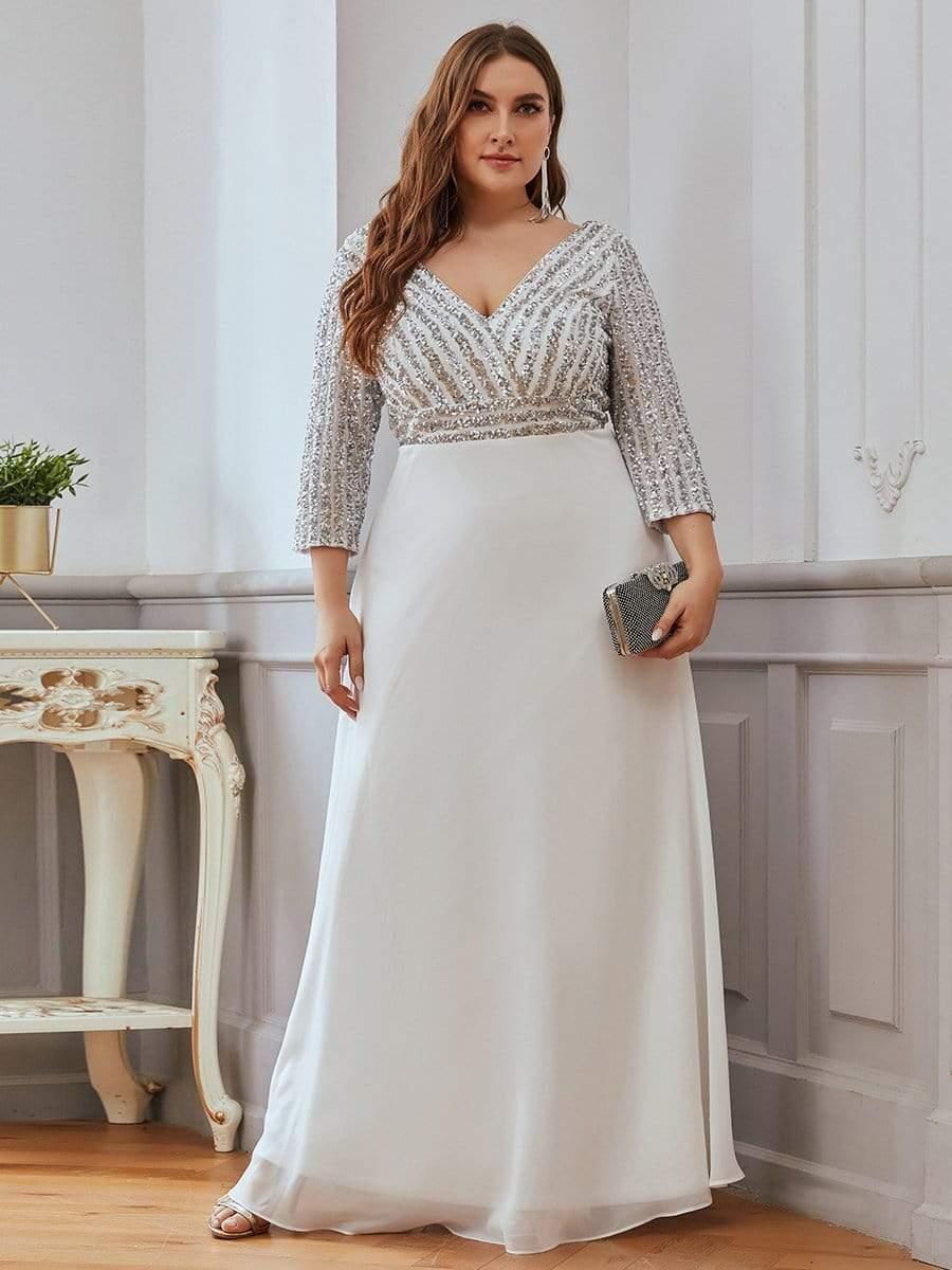 Sexy V Neck A-Line Sequin Evening Dresses with 3/4 Sleeve #color_White