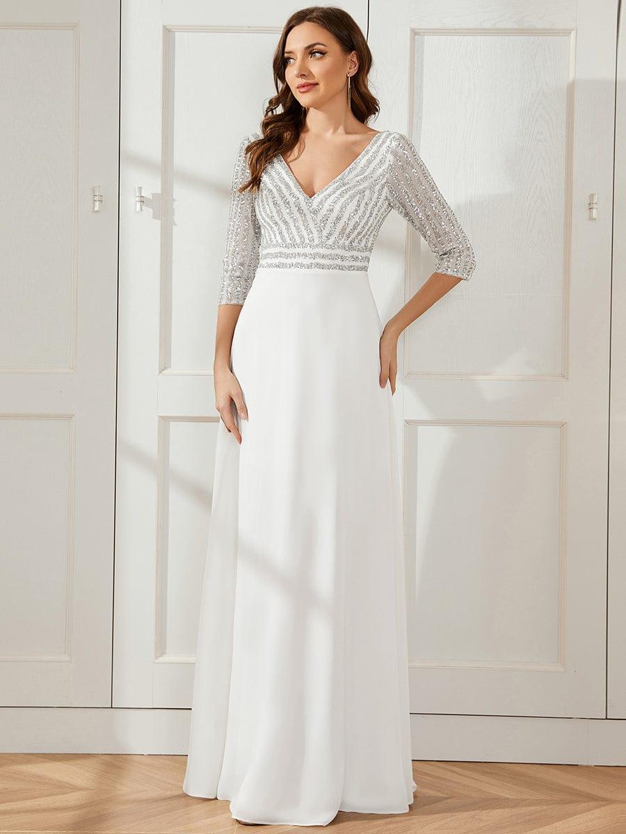 Sexy V Neck A-Line Sequin Evening Dresses with 3/4 Sleeve #color_White