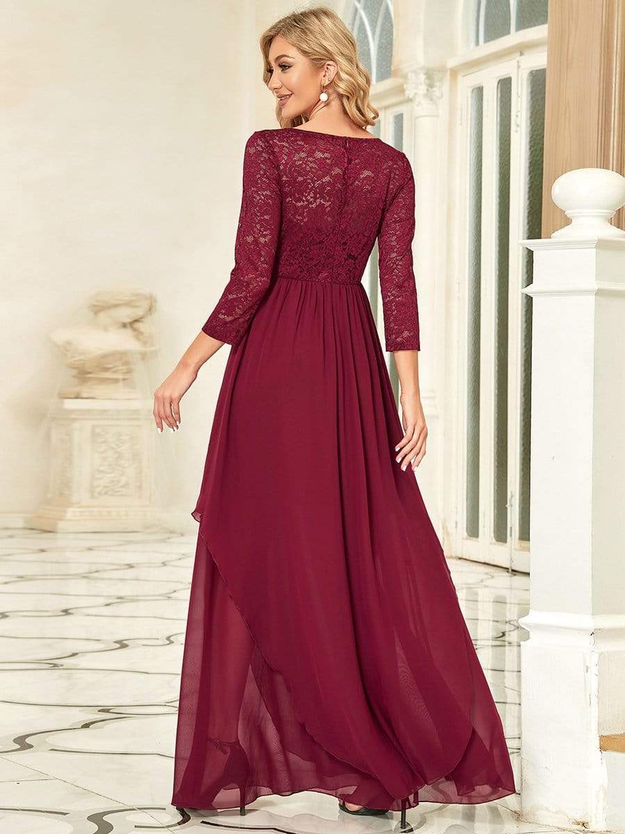 Elegant 3/4 Sleeve Floor Length Lace Evening Wedding Guest Dresses #color_Burgundy