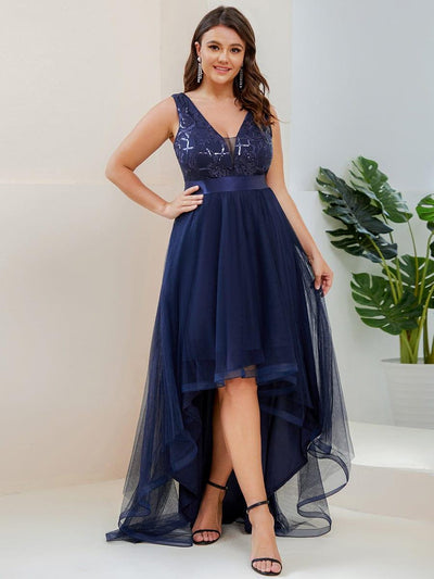 Plus Size High-Low Deep V Neck Tulle Evening Dresses with Sequins #color_Navy Blue