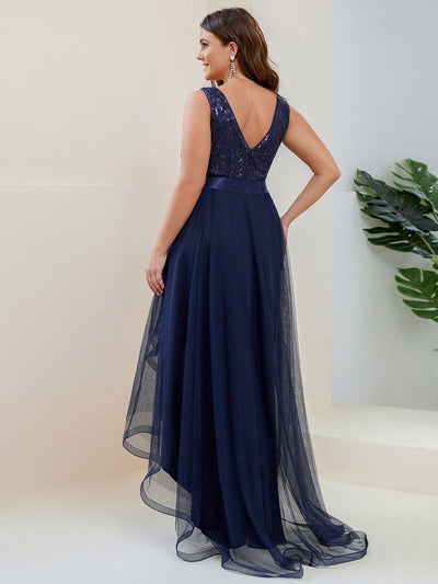 Plus Size High-Low Deep V Neck Tulle Evening Dresses with Sequins #color_Navy Blue