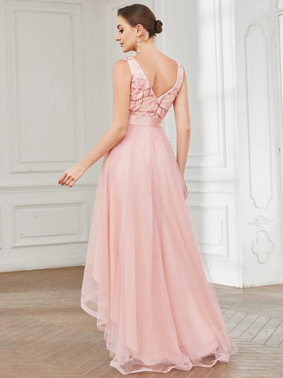 Fashion High-Low Deep V Neck Tulle Prom Dresses with Sequin Appliques #color_Pink
