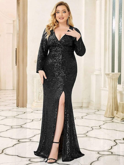 Shiny V Neck Plus Size Sequin Evening Party Dress with Long Sleeve #color_Black