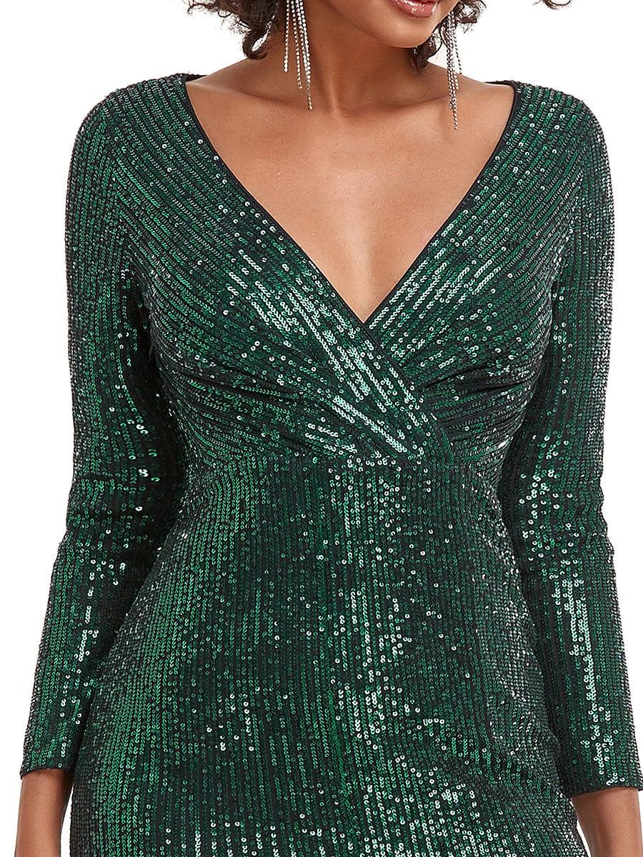 Shiny V Neck Sequin Evening Party Dress with Long Sleeve #color_Dark Green