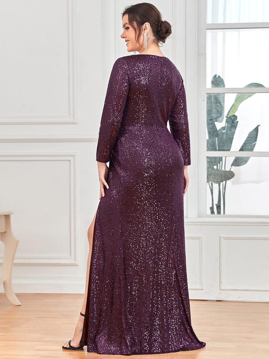 Shiny V Neck Sequin Evening Party Dress with Long Sleeve #color_Dark Purple
