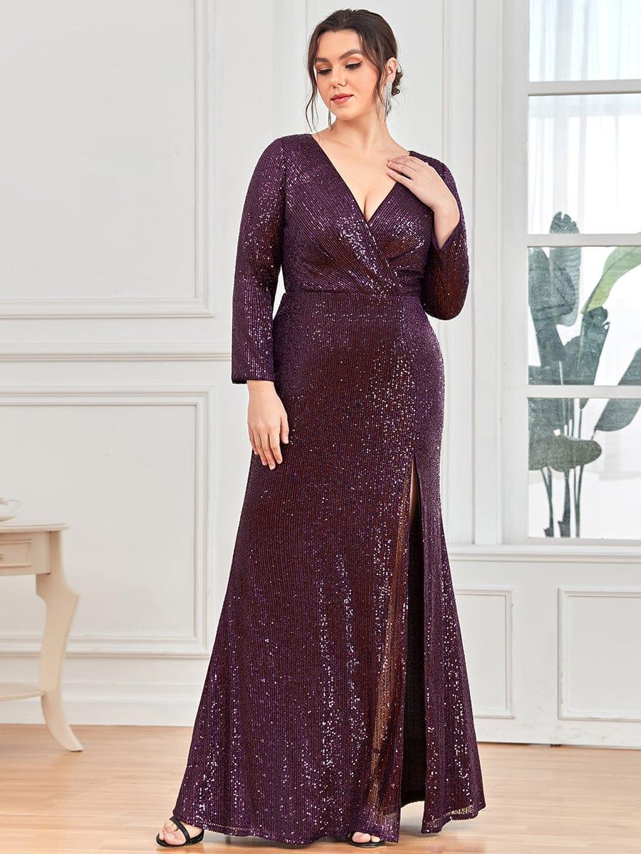 Shiny V Neck Sequin Evening Party Dress with Long Sleeve #color_Dark Purple