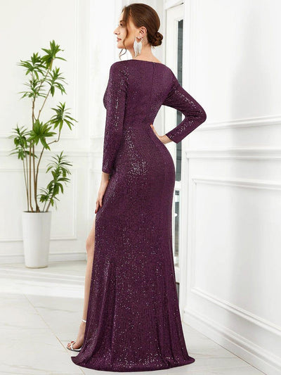 Shiny V Neck Sequin Evening Party Dress with Long Sleeve #color_Dark Purple