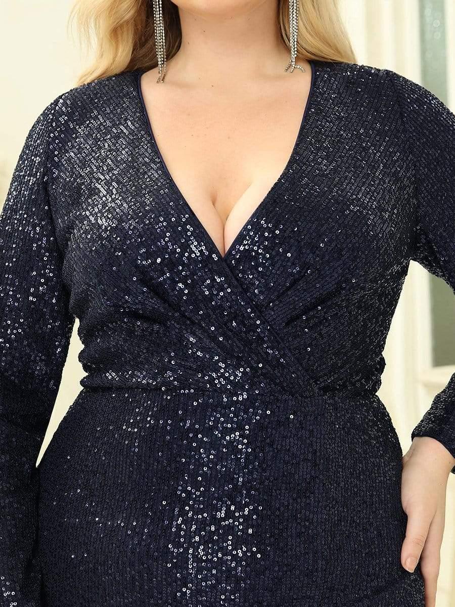 Shiny V Neck Sequin Evening Party Dress with Long Sleeve #color_Navy Blue