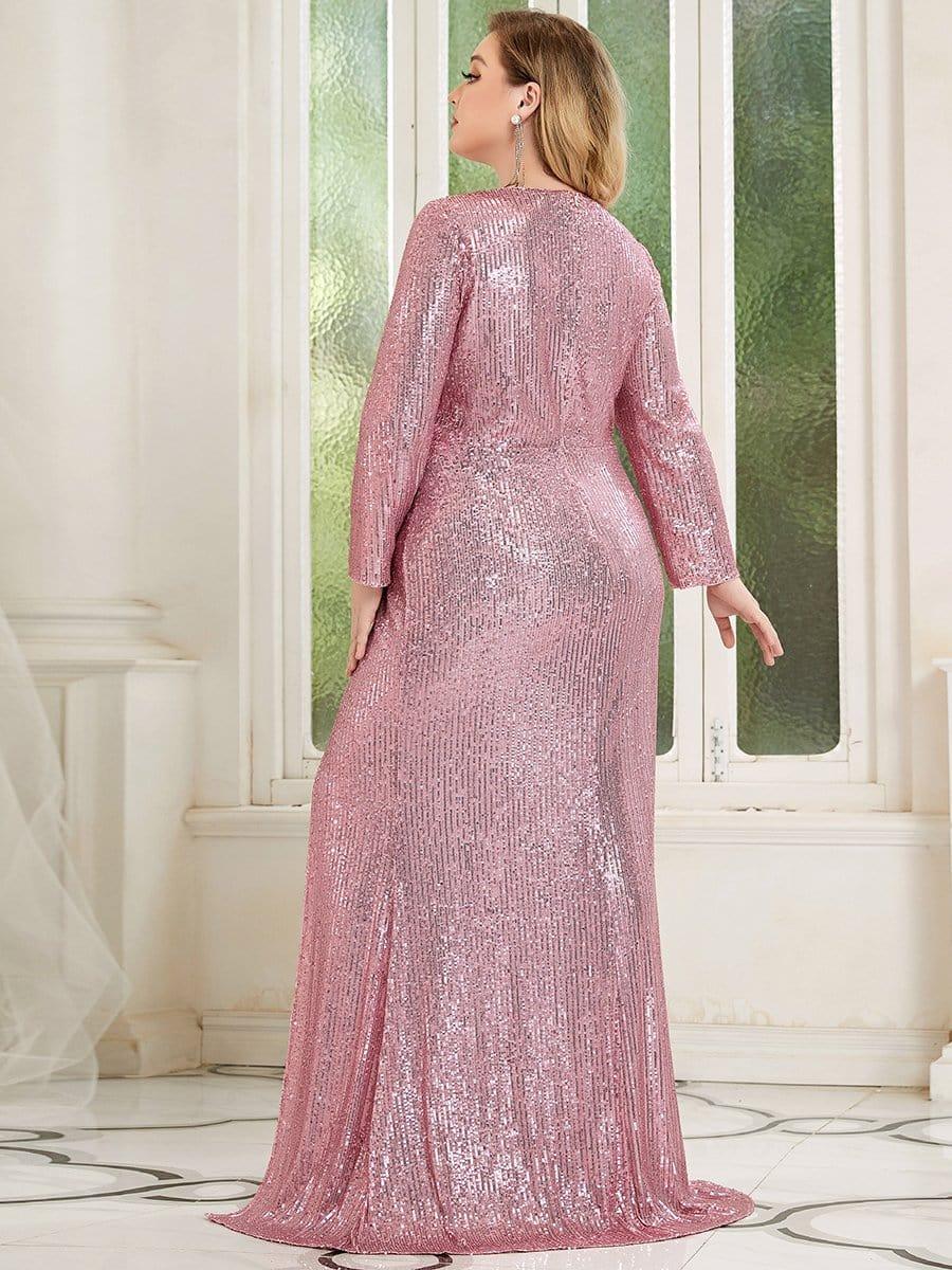 Shiny V Neck Sequin Evening Party Dress with Long Sleeve #color_Purple Orchid