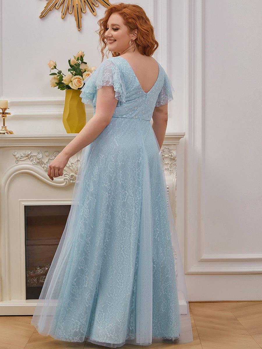 Double V Neck Maxi Long Lace Wedding Dresses with Ruffle Sleeves #color_Sky Blue