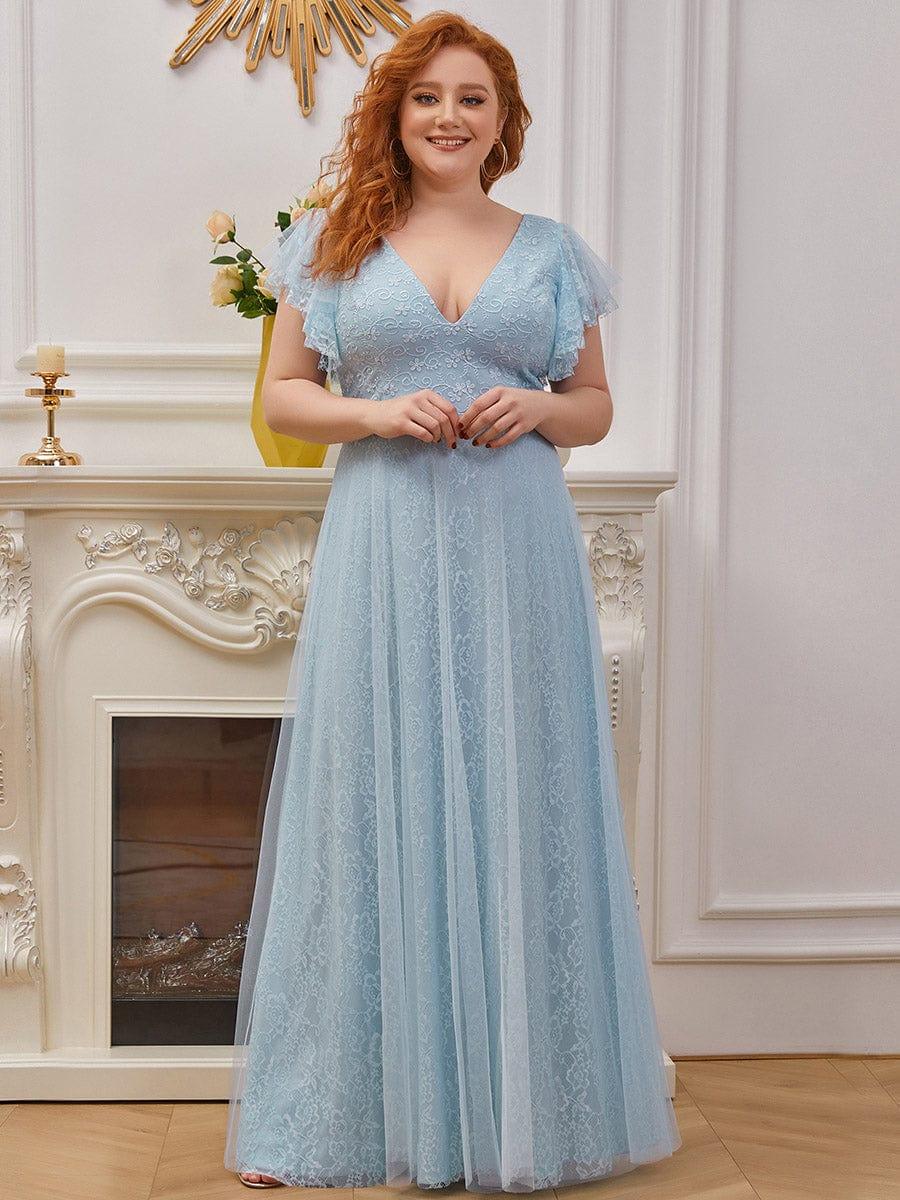 Double V Neck Maxi Long Lace Wedding Dresses with Ruffle Sleeves #color_Sky Blue