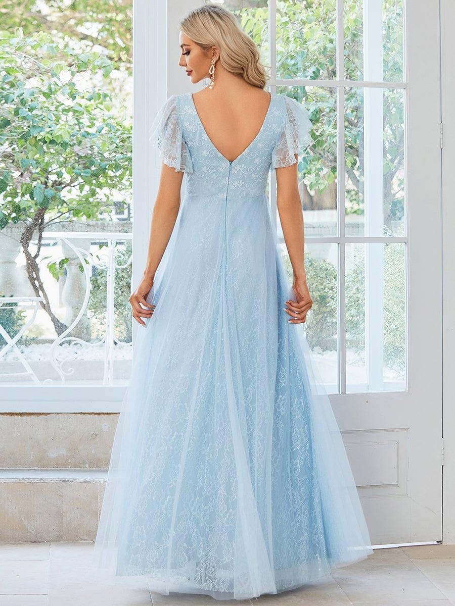 Double V Neck Maxi Long Lace Wedding Dresses with Ruffle Sleeves #color_Sky Blue