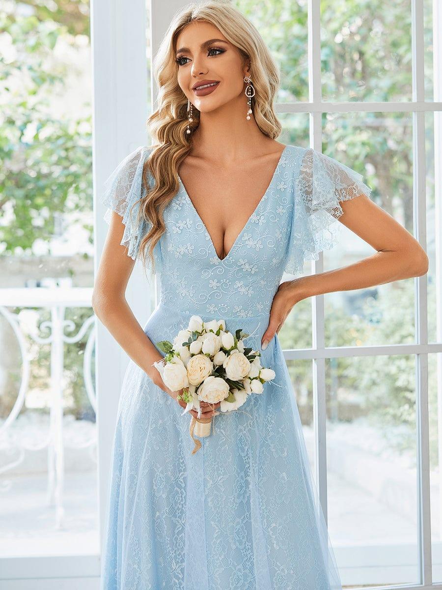Double V Neck Maxi Long Lace Wedding Dresses with Ruffle Sleeves #color_Sky Blue