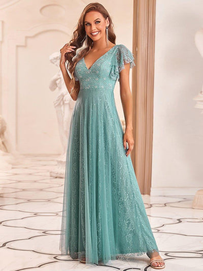 Double V Neck Maxi Long Lace Wedding Dresses with Ruffle Sleeves #color_Light Teal