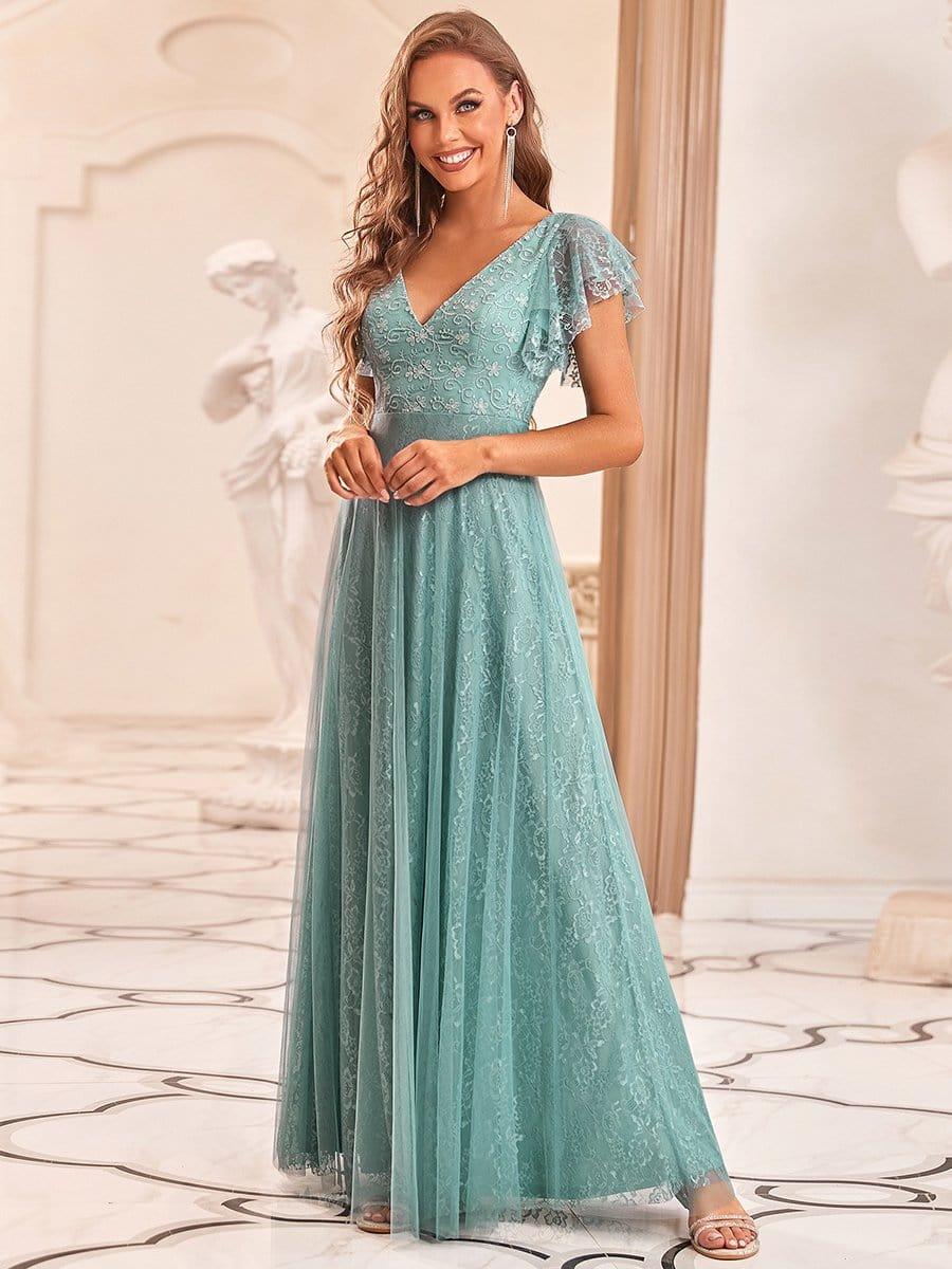 Double V Neck Maxi Long Lace Wedding Dresses with Ruffle Sleeves #color_Light Teal