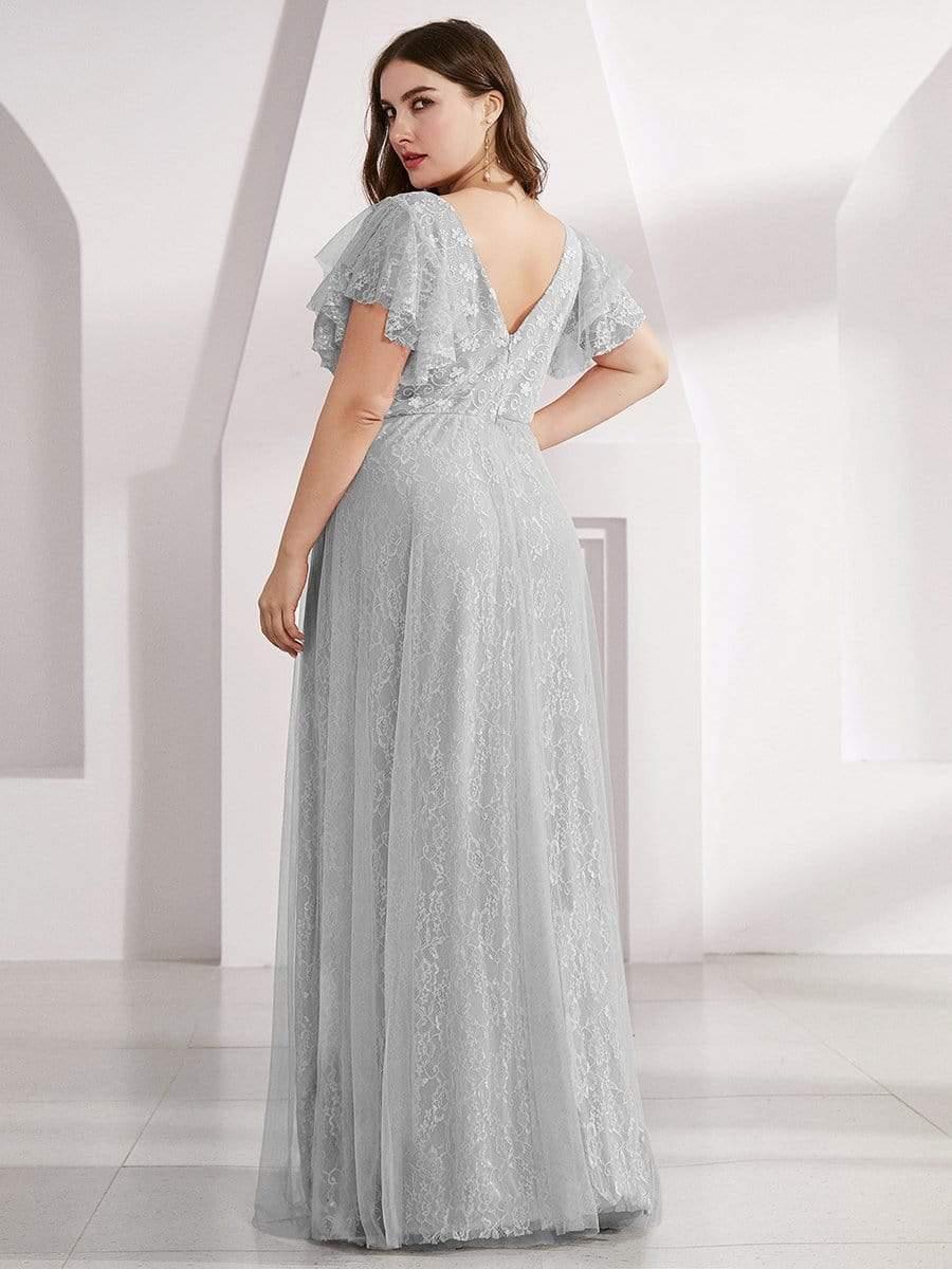 Double V Neck Maxi Long Lace Wedding Dresses with Ruffle Sleeves #color_Grey