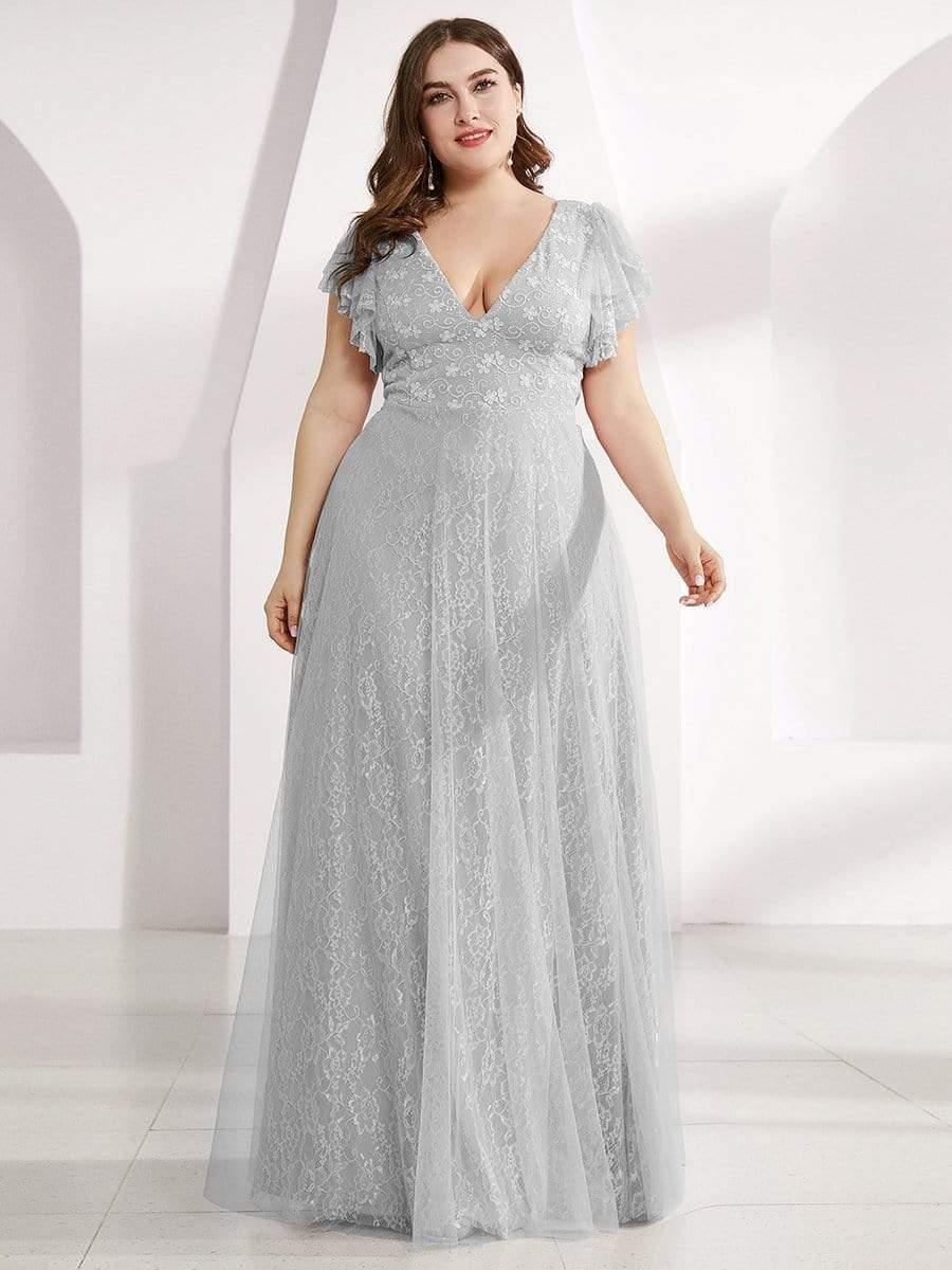 Double V Neck Maxi Long Lace Wedding Dresses with Ruffle Sleeves #color_Grey