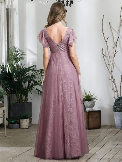 Double V Neck Maxi Long Lace Wedding Dresses with Ruffle Sleeves #color_Purple Orchid