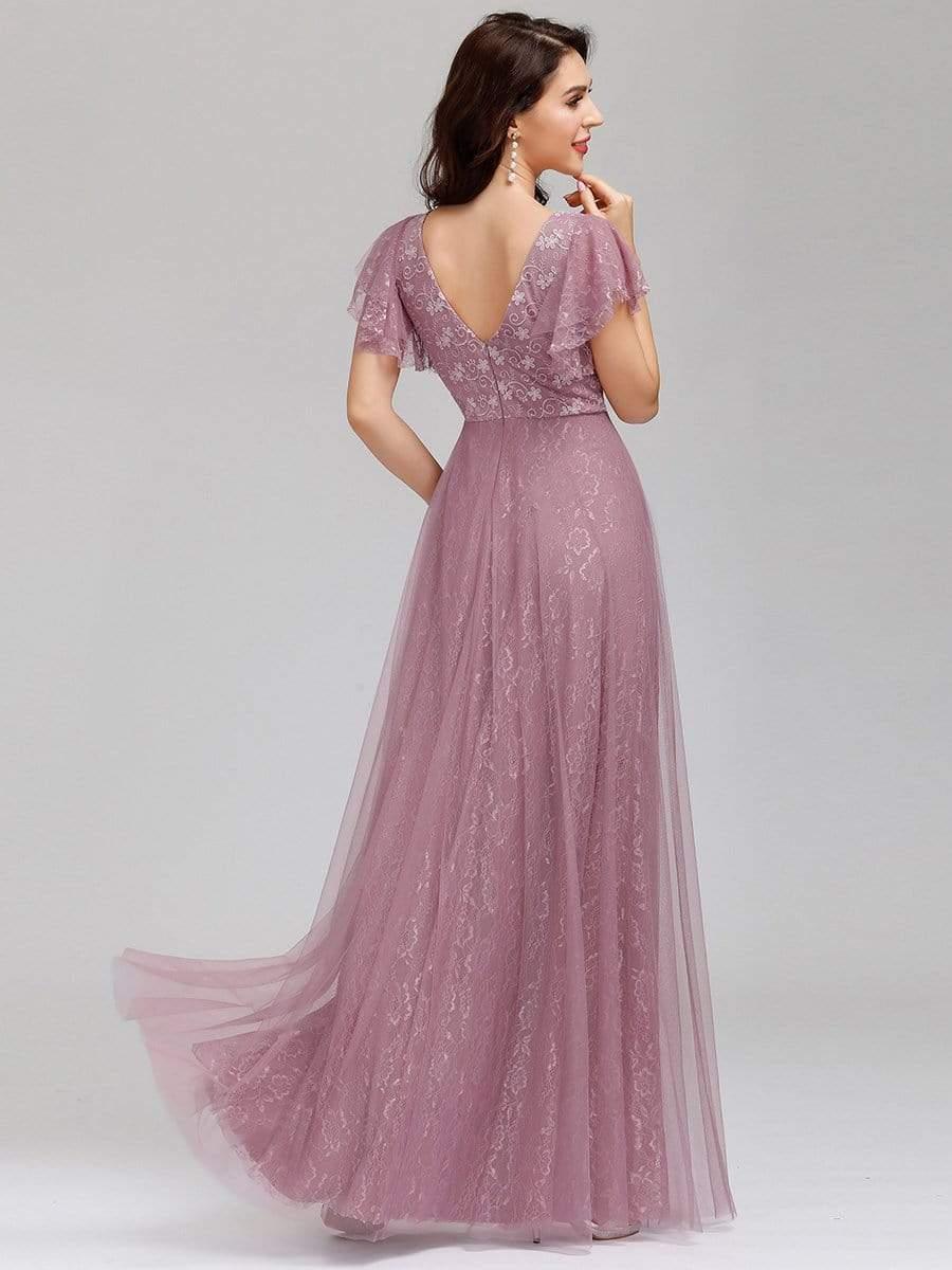 Double V Neck Maxi Long Lace Wedding Dresses with Ruffle Sleeves #color_Purple Orchid