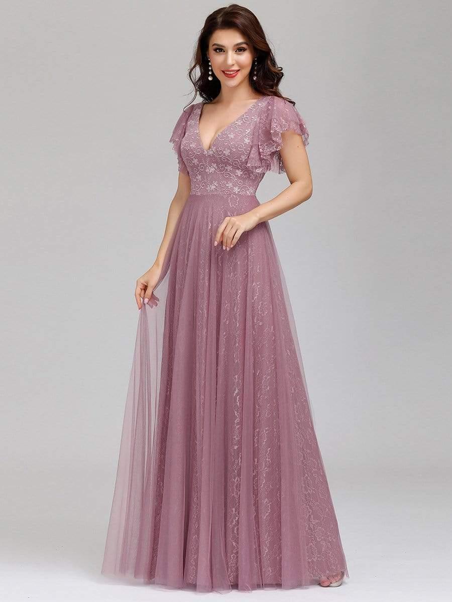 Double V Neck Maxi Long Lace Wedding Dresses with Ruffle Sleeves #color_Purple Orchid