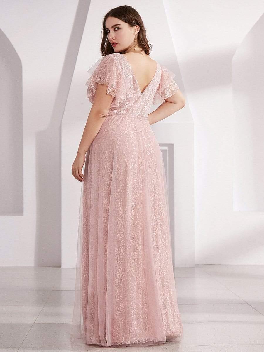 Double V Neck Maxi Long Lace Wedding Dresses with Ruffle Sleeves #color_Pink