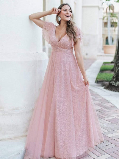 Double V Neck Maxi Long Lace Wedding Dresses with Ruffle Sleeves #color_Pink