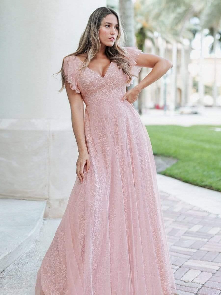 Double V Neck Maxi Long Lace Wedding Dresses with Ruffle Sleeves #color_Pink