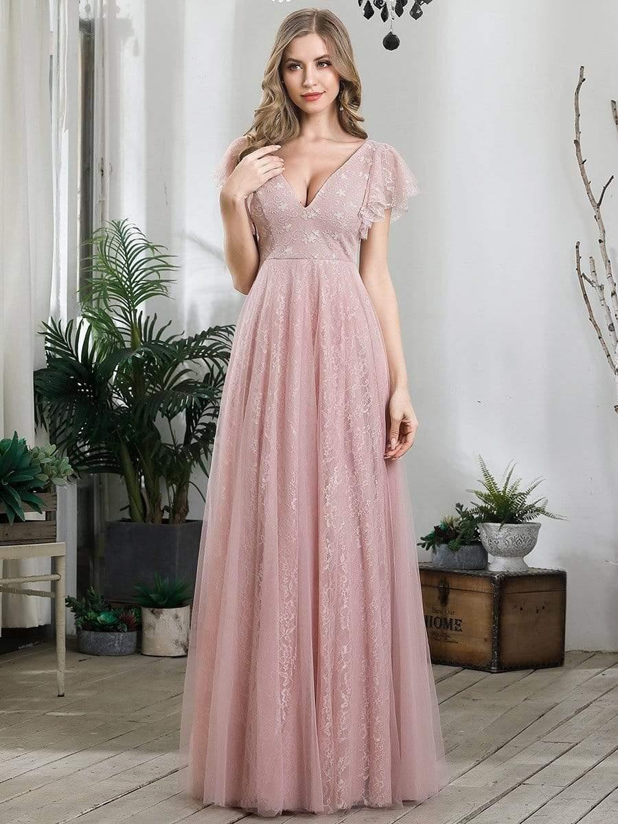 Double V Neck Maxi Long Lace Wedding Dresses with Ruffle Sleeves #color_Pink
