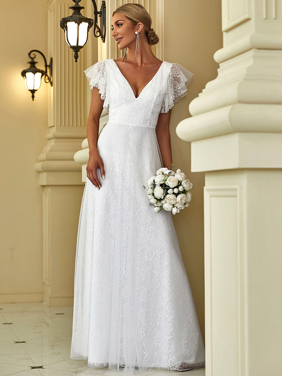 Double V Neck Maxi Long Lace Wedding Dresses with Ruffle Sleeves #color_White