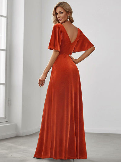 Elegant Double V Neck Velvet Party Dress for Women #color_Burnt Orange