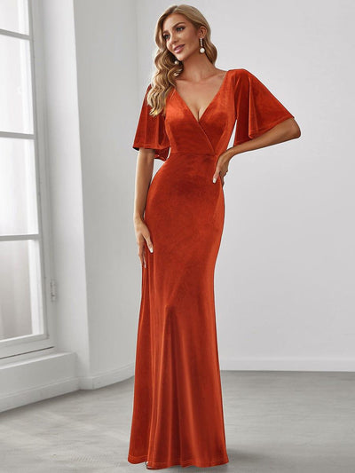 Elegant Double V Neck Velvet Party Dress for Women #color_Burnt Orange