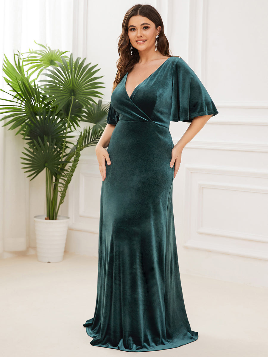Vintage Plus Size Floor Length Velvet Evening Dress #color_Dark Green